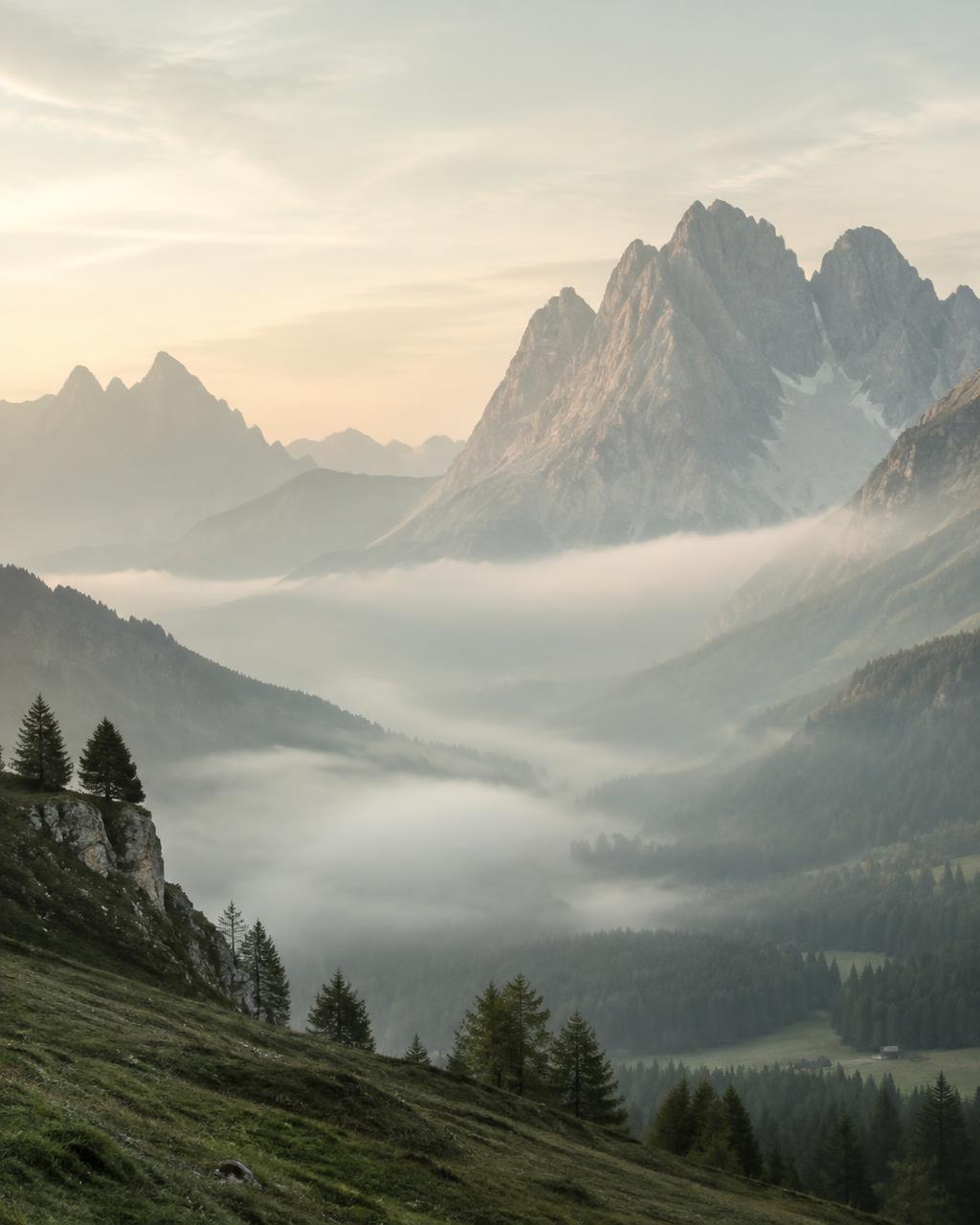 Morning mist drifting through a quiet Dolomites valley at dawn, soft pale light over the peaks
